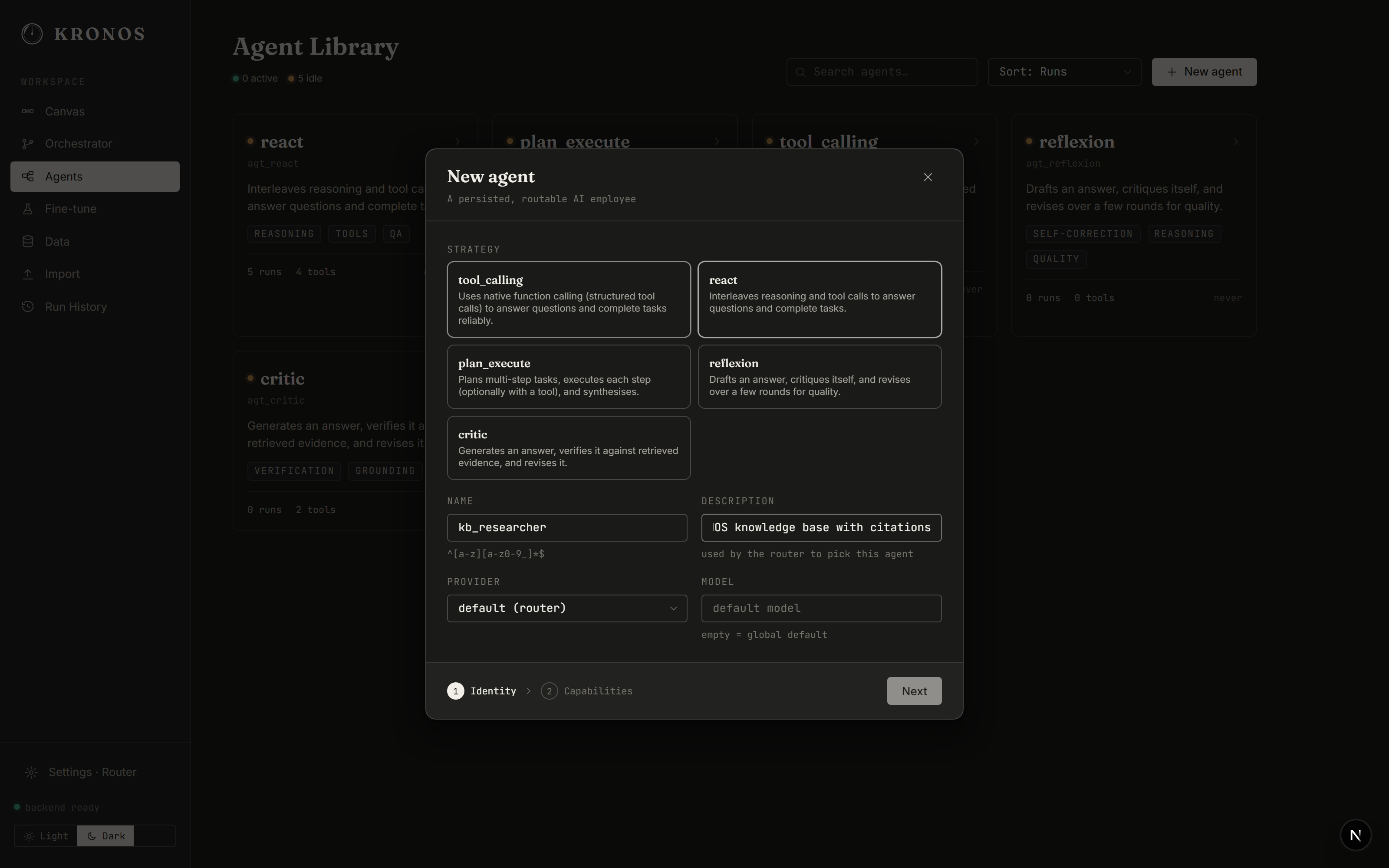 New agent wizard, strategy selection step