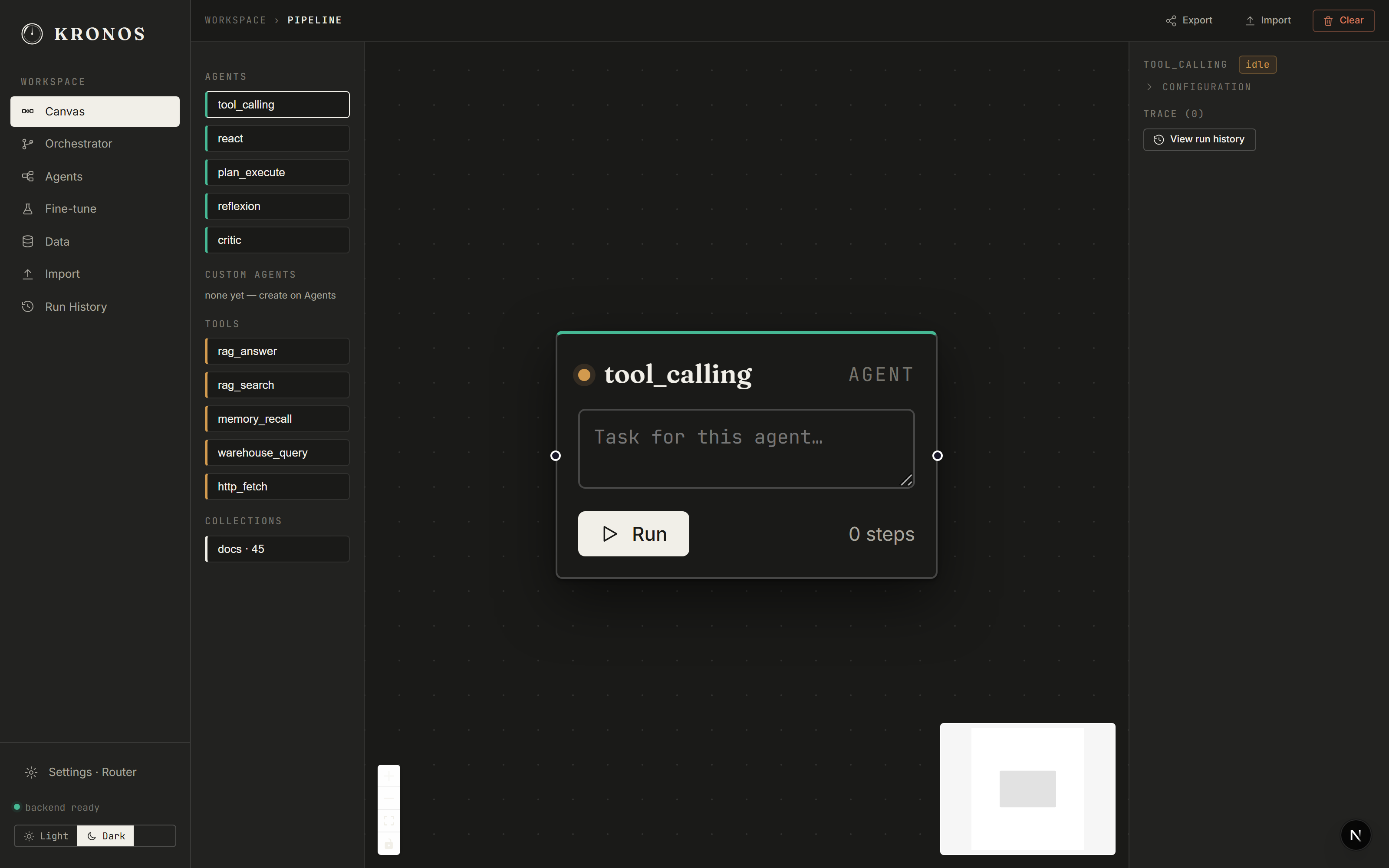Canvas with a tool-calling agent node added from the palette