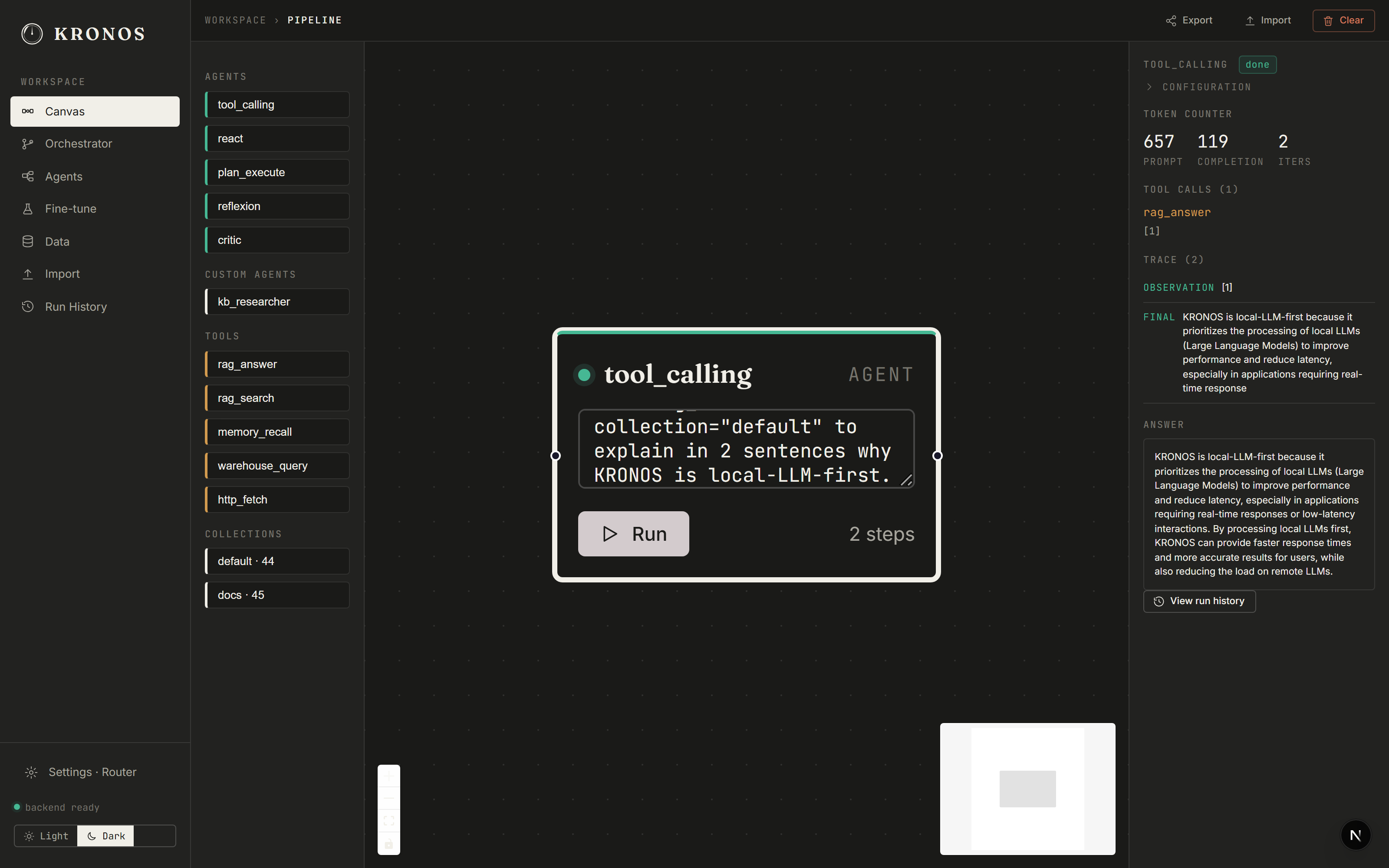 Canvas showing a completed live run with trace, tool call, and grounded answer