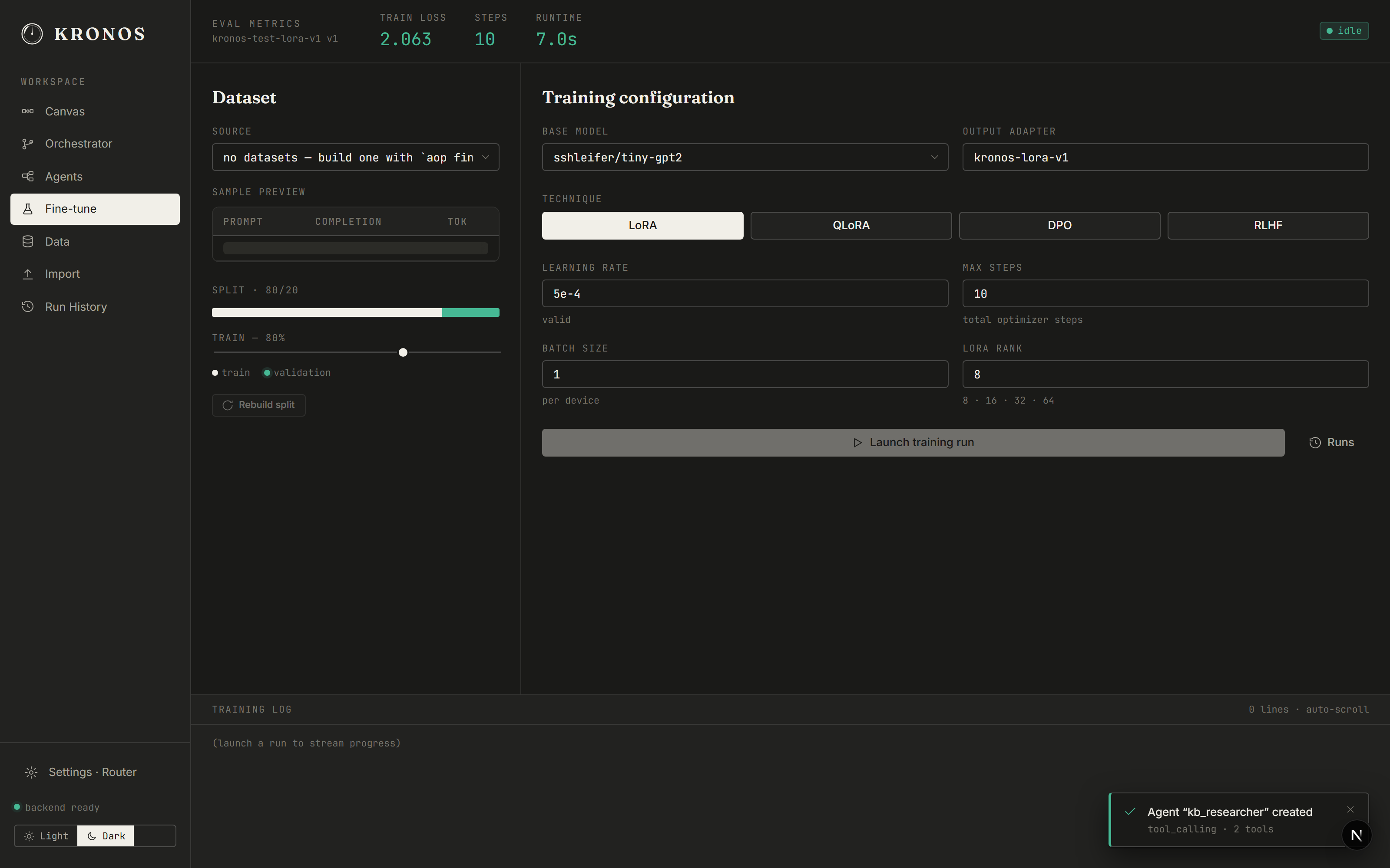 Fine-tune control panel showing dataset split, training config, and eval metrics