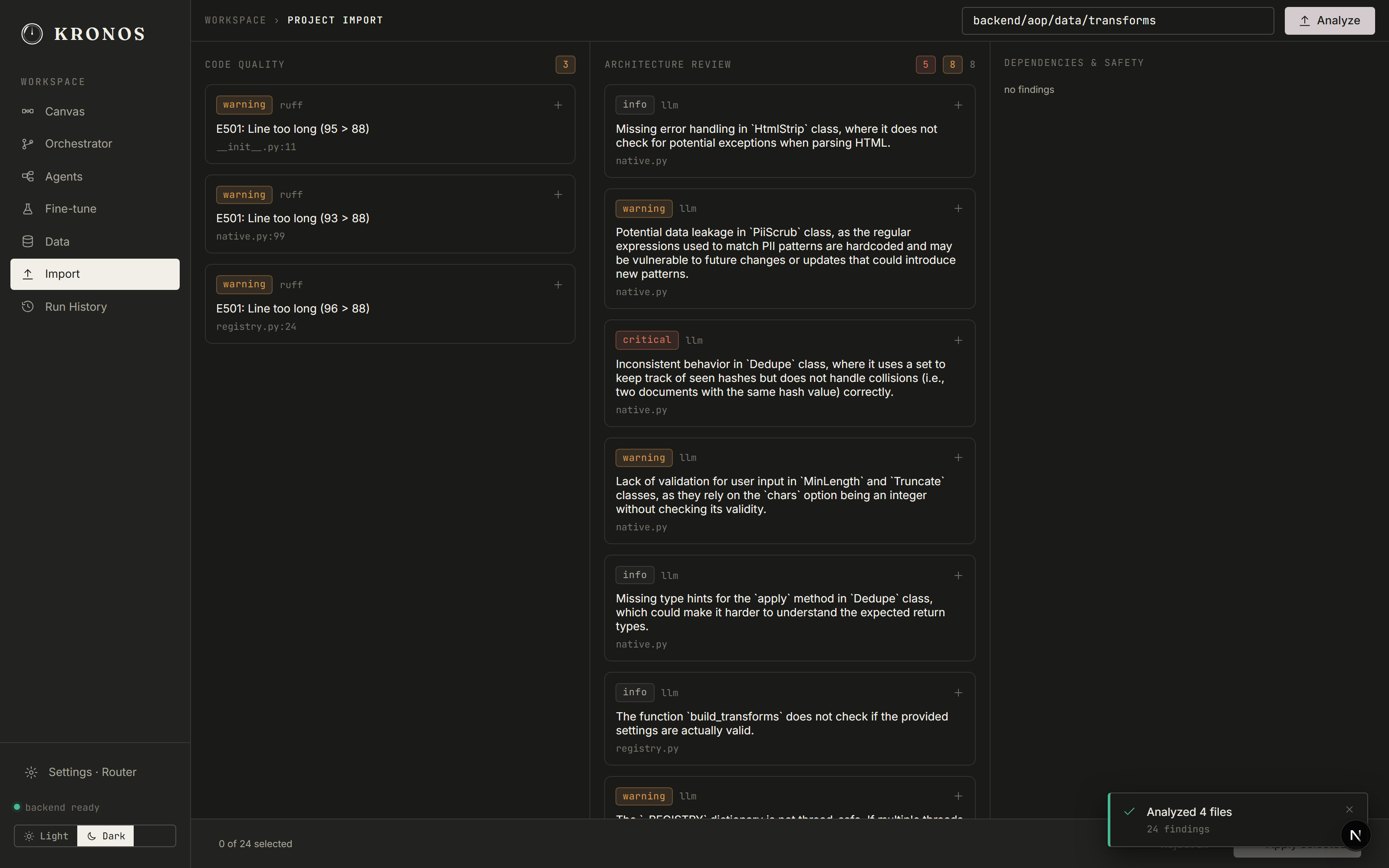 Project Import report showing ruff findings and LLM-generated code review findings