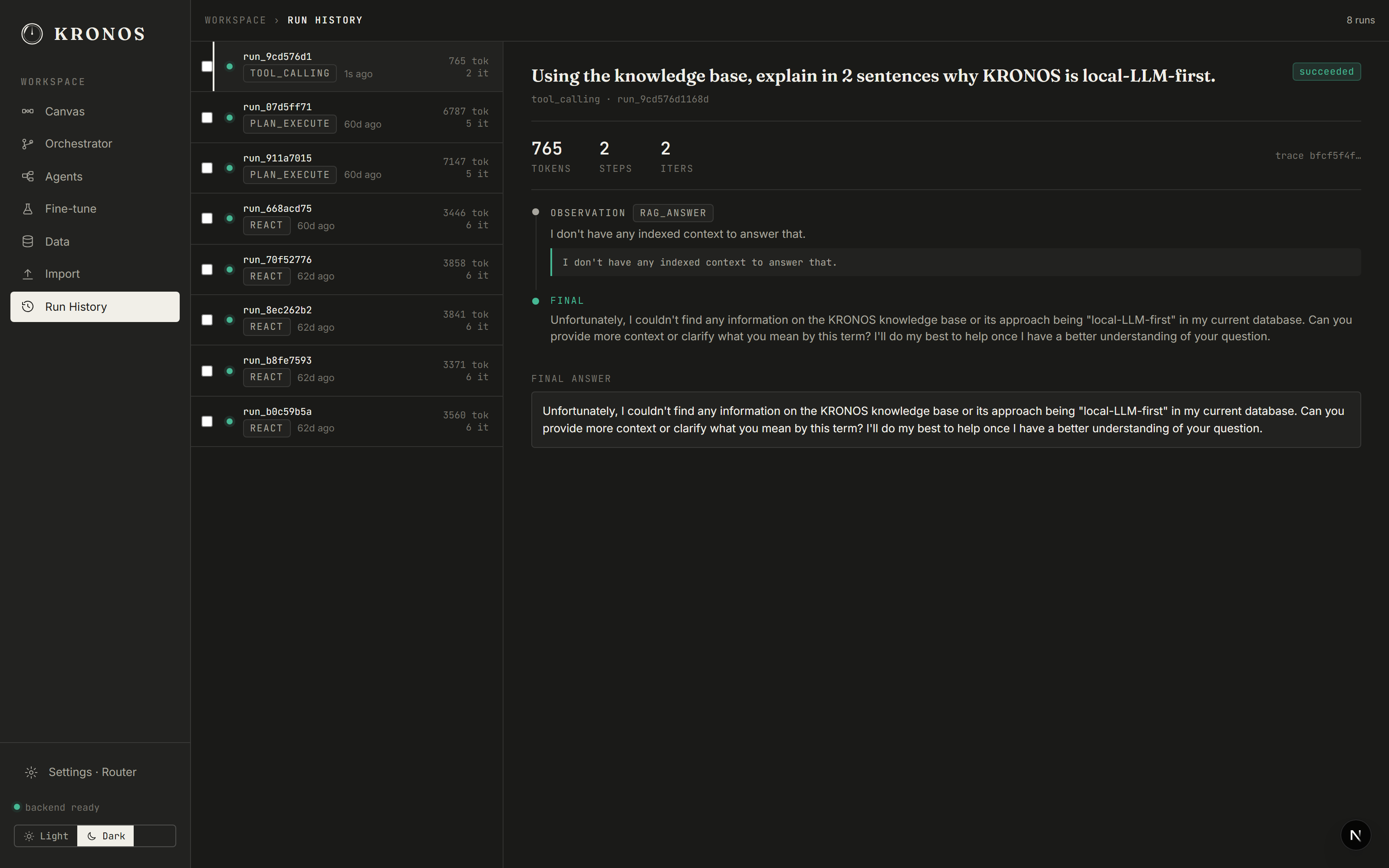 Run History showing a list of past runs and a replayed trace